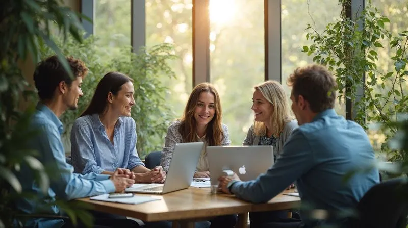 Equipos colaborando en una sesión de trabajo en oficina moderna